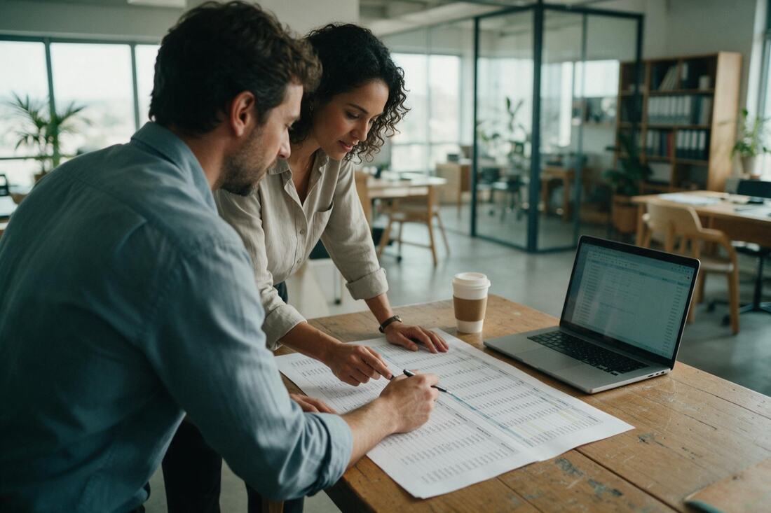 Duas pessoas debruçadas sobre uma planilha impressa, com um notebook na mesa, em um escritório iluminado